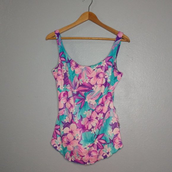 Vintage Maxine Hollywood 16 Pink Blue Cover One Piece Swimsuit Floral hibiscus - Picture 1 of 6